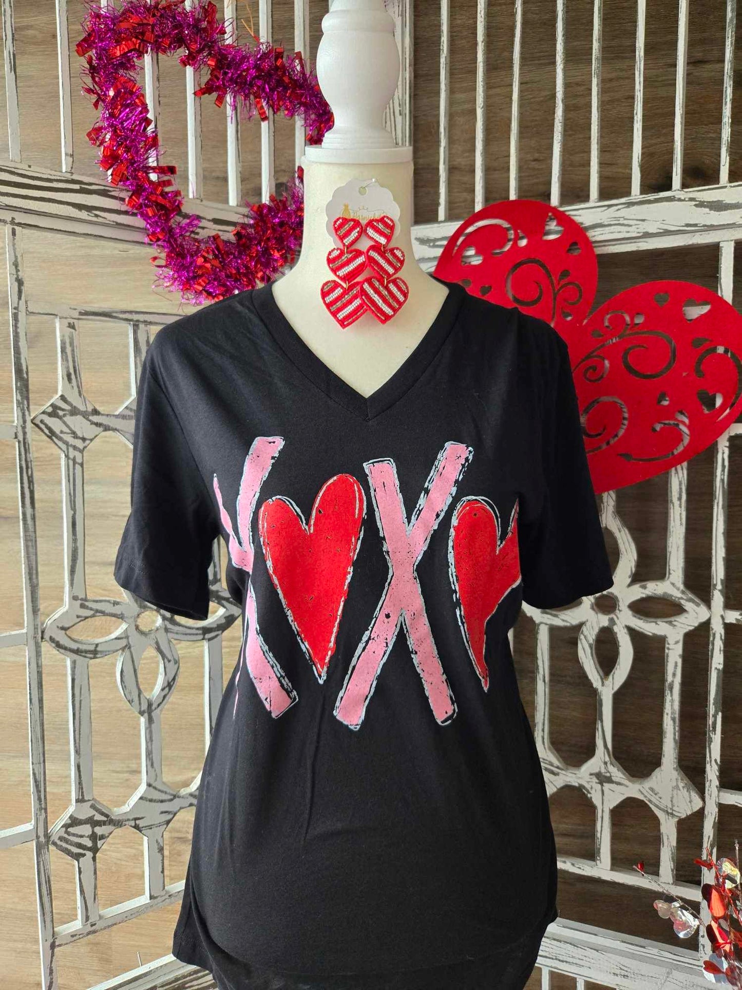 XOXO with Red Hearts Vneck Tee
