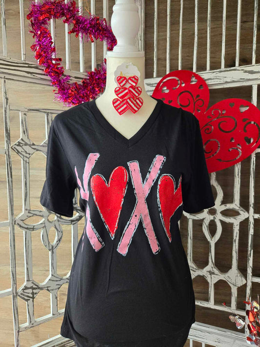 XOXO with Red Hearts Vneck Tee