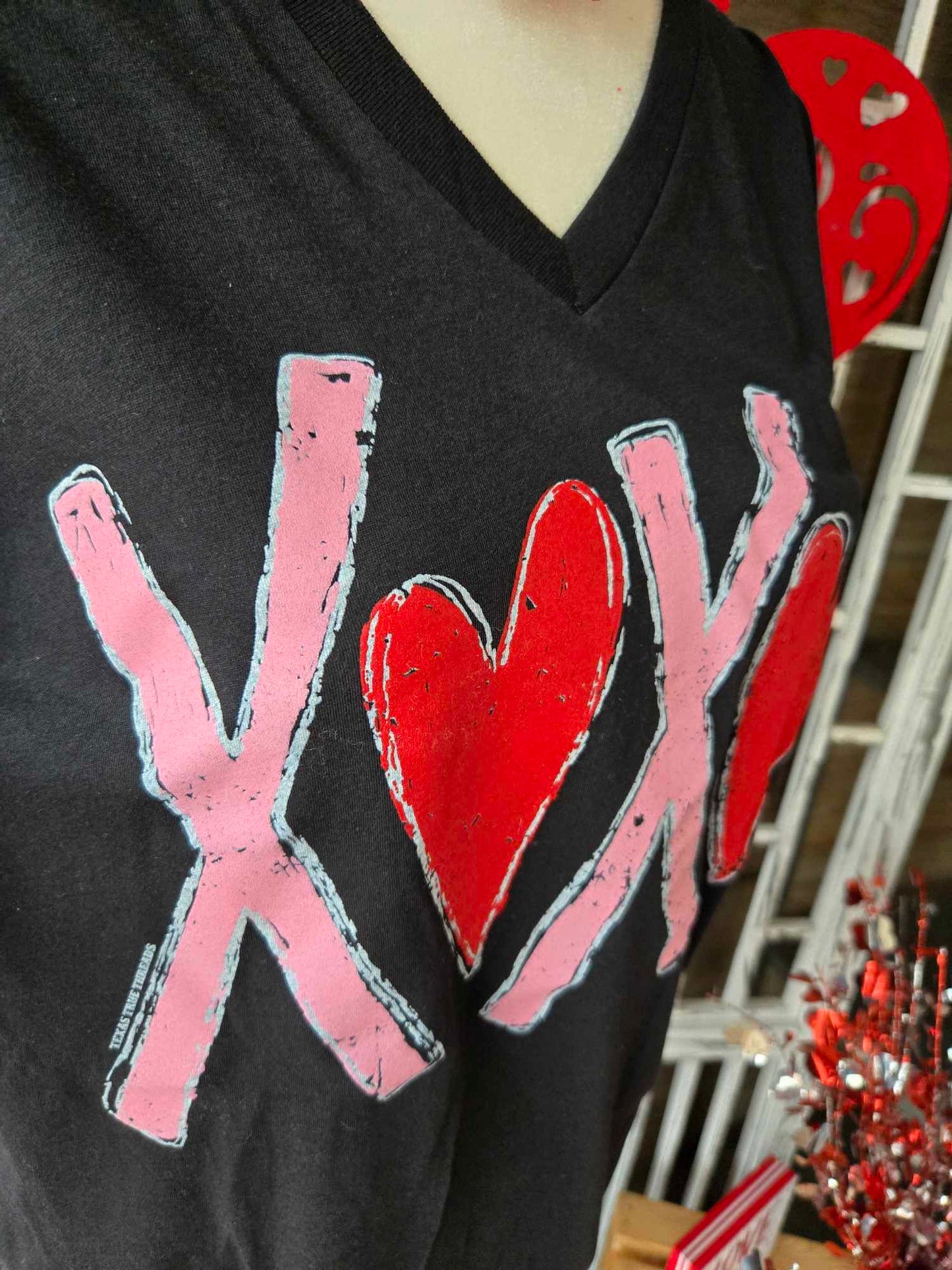 XOXO with Red Hearts Vneck Tee