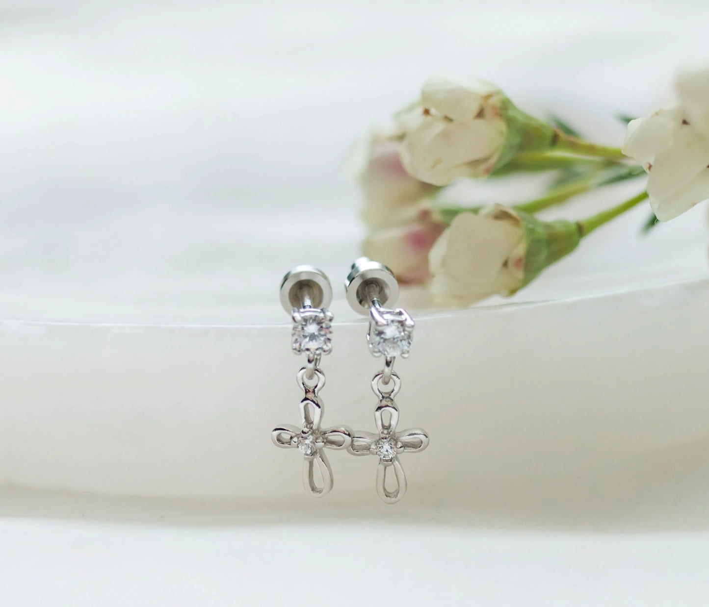 Children's Sterling Silver CZ Infinity Cross Drop Earrings