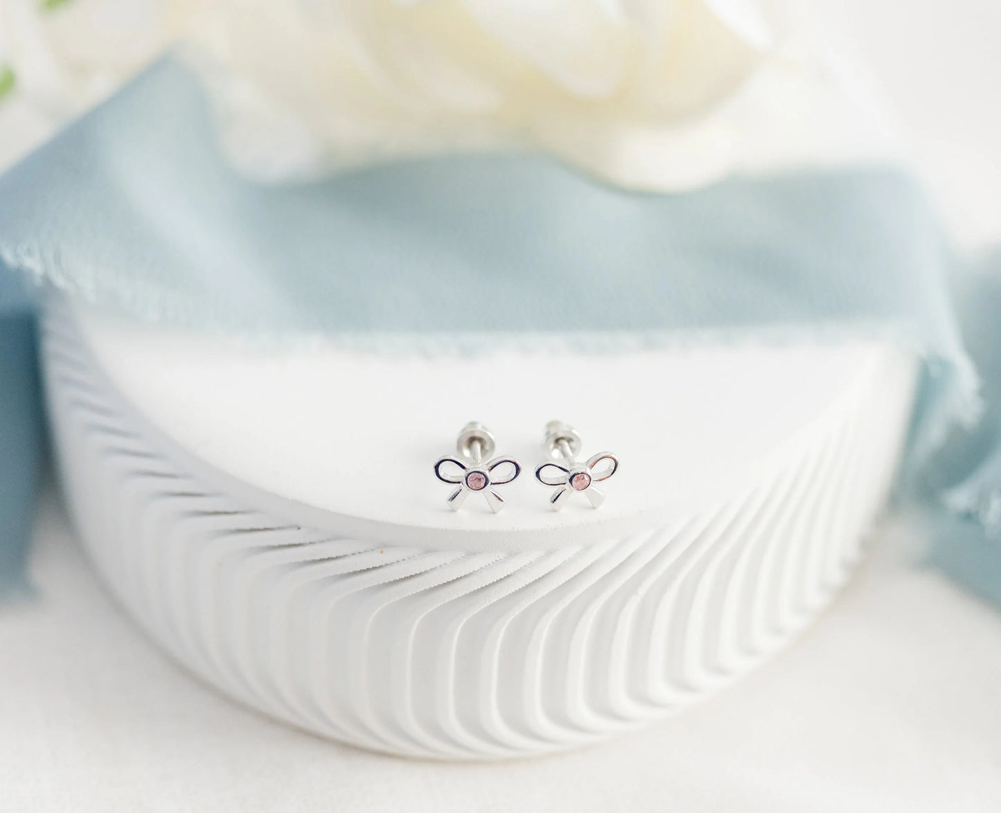 Children's Sterling Silver Bow Earrings with Pink CZs