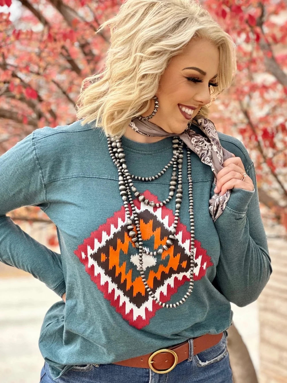 Cheyenne Aztec Dark Blue Long Sleeve Tee