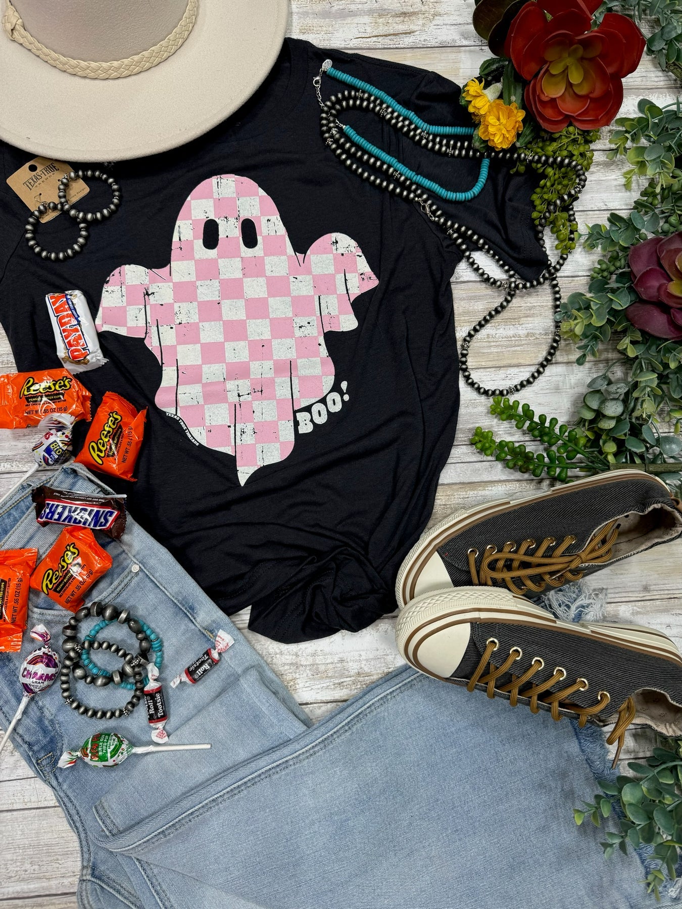 Hey Boo Checkered Ghost Tee