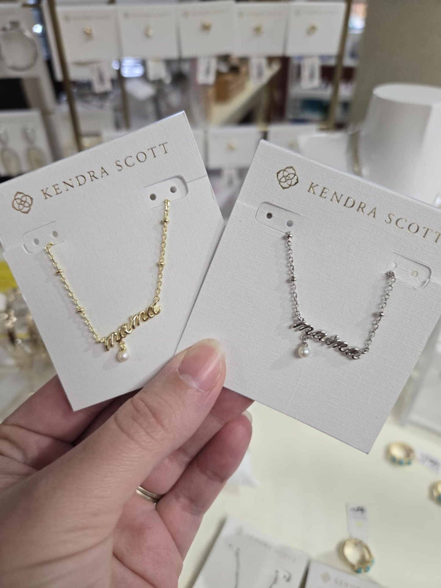 Mama Script Pendant Necklace in Gold White Pearl