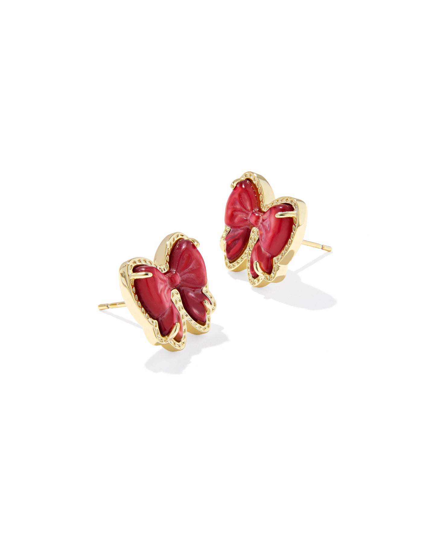 Haley Bow Gold Stud Earrings in Scarlet Red Mother of Pearl