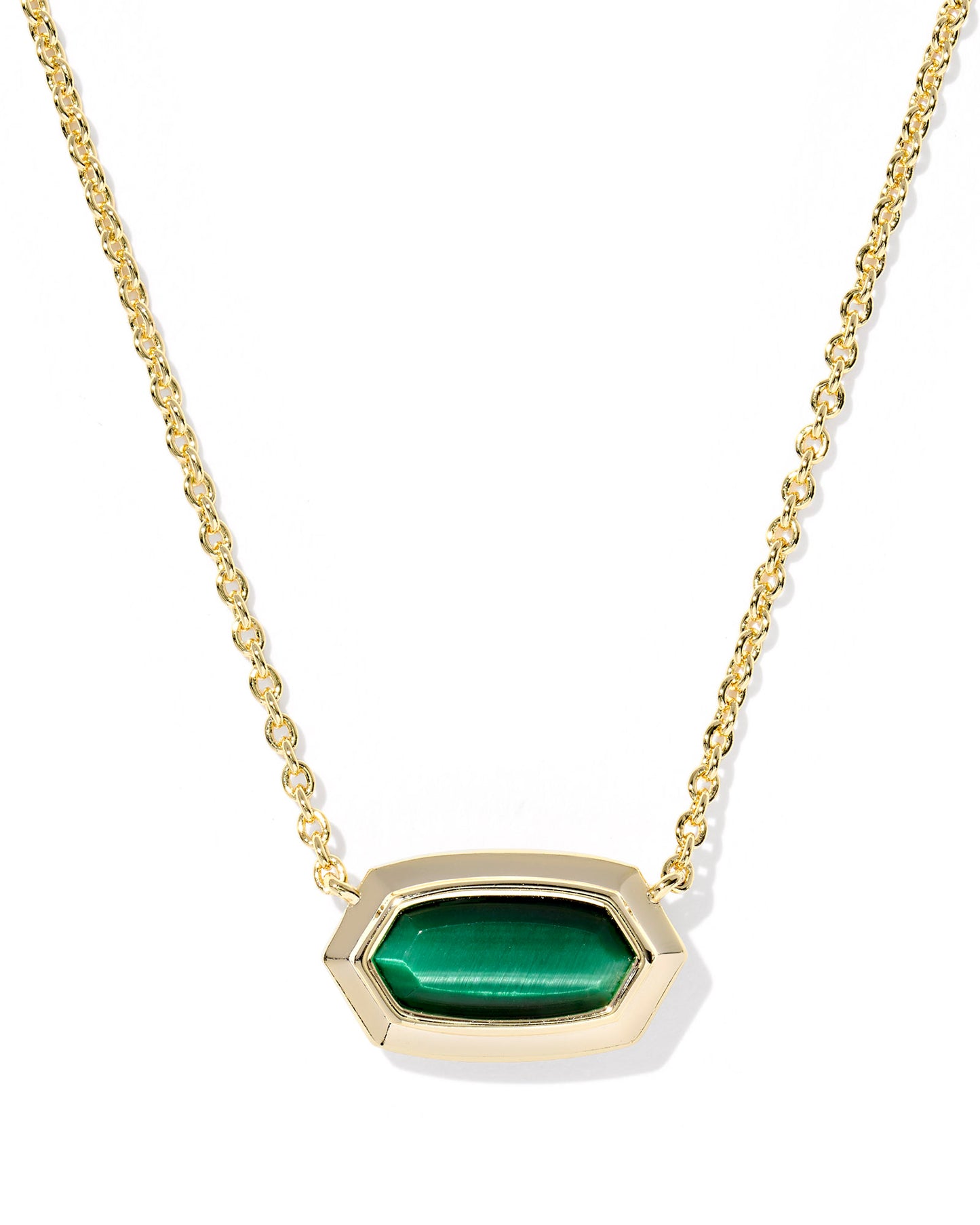 Elisa Bezel Gold Short Pendant Necklace in Green Tigers Eye