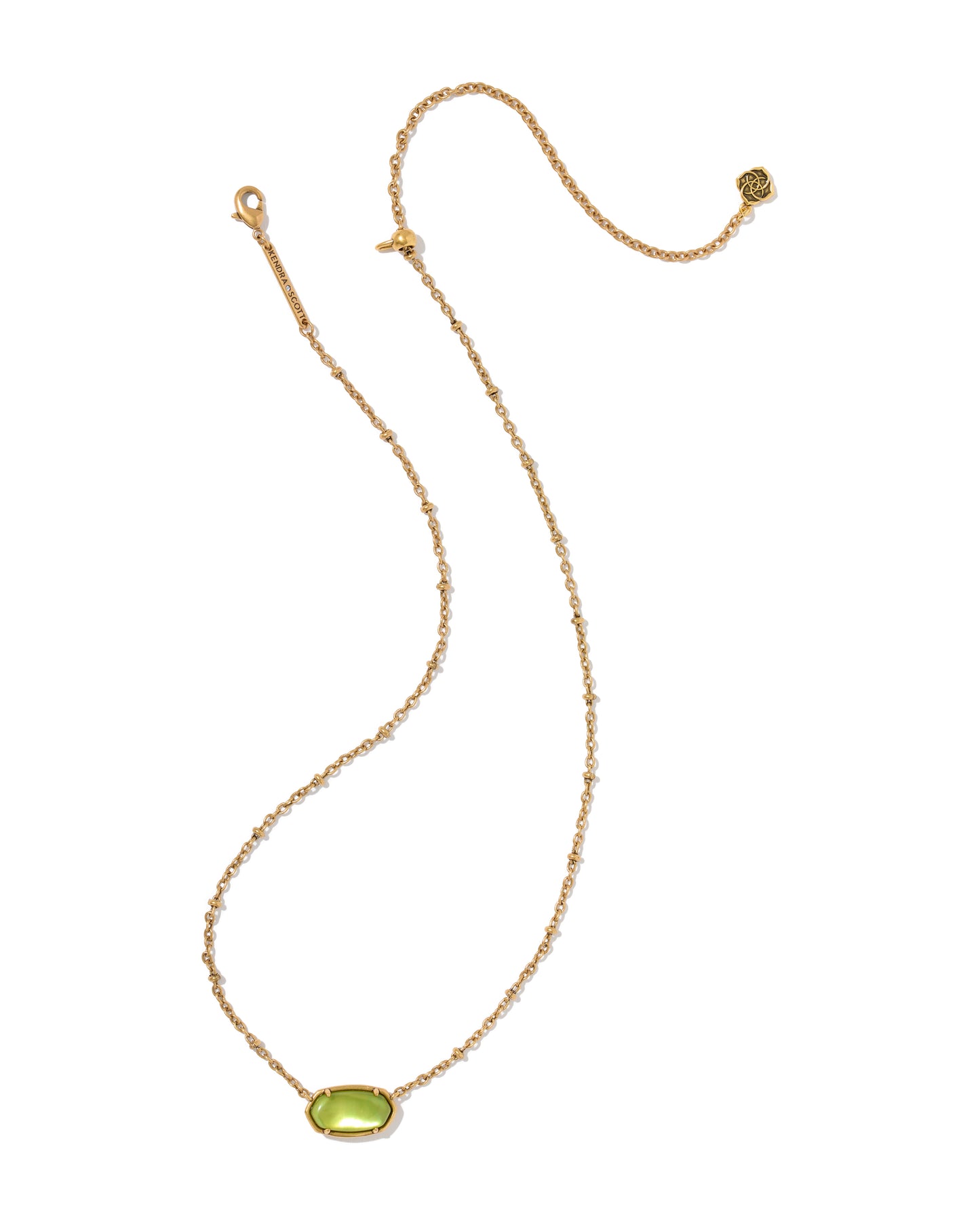 Tiger Striped Elisa Vintage Gold Short Pendant Necklace in Variegated Chartreuse Green Mother of Pearl