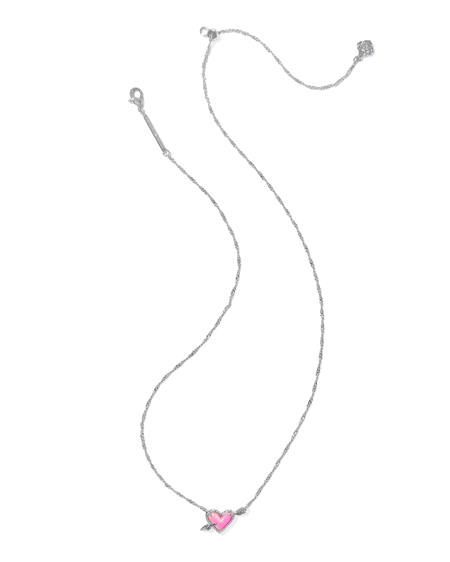 Ari Heart Arrow Silver Short Pendant Necklace in Pink Opalescent Resin