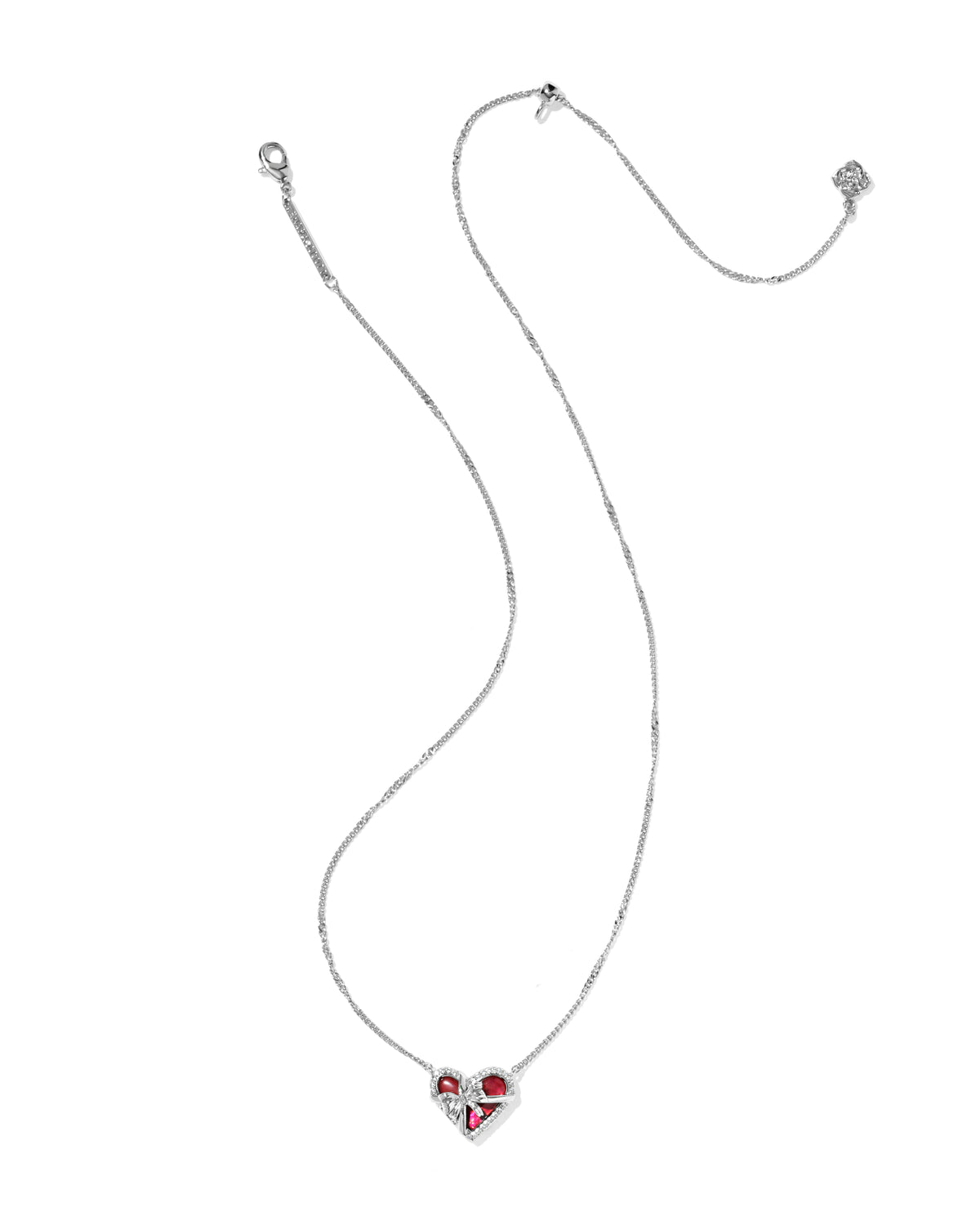 Ari Heart Bow Silver Short Pendant Necklace in Dark Burgundy Illusion