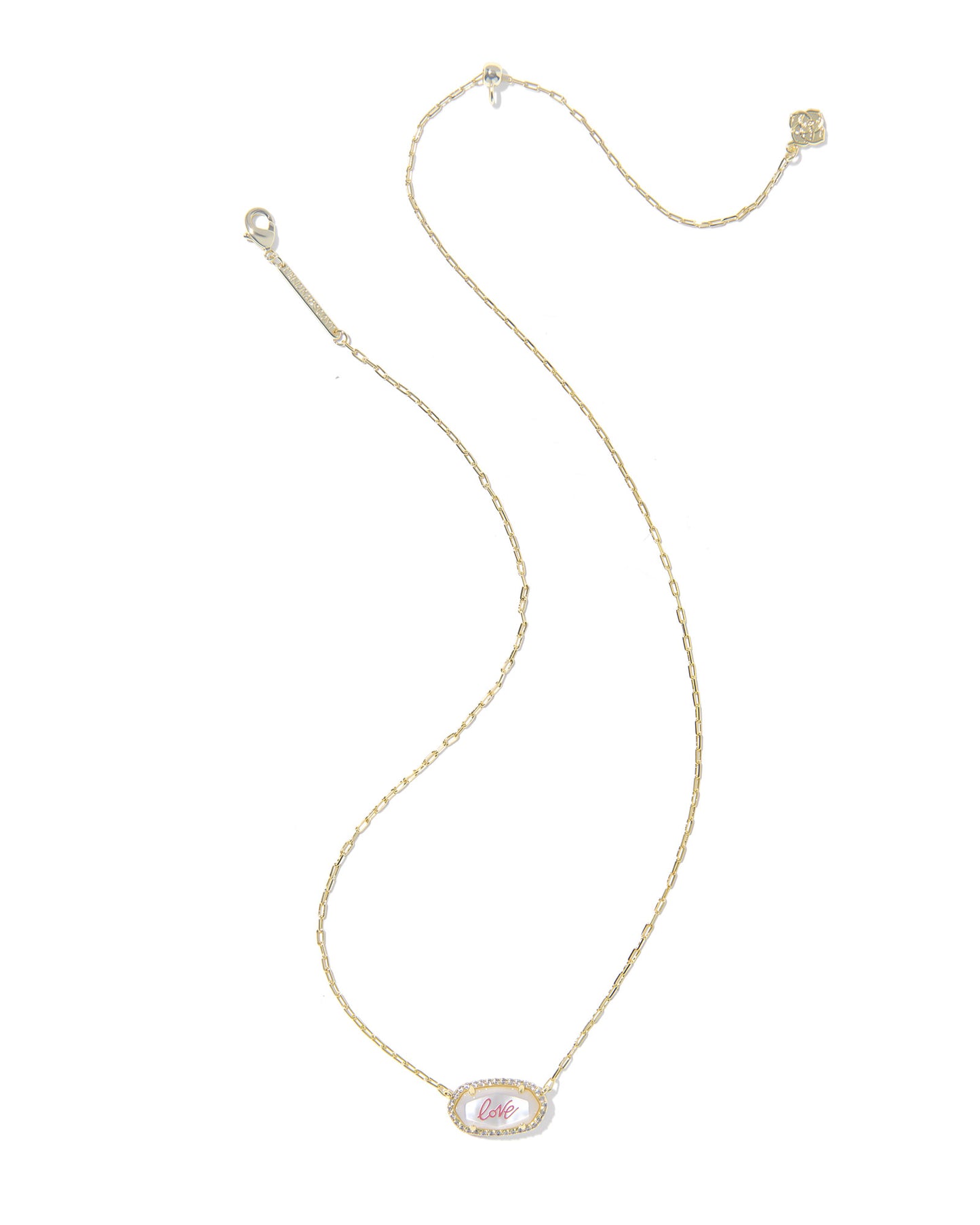 Elisa Pave Frame Gold Short Pendant Necklace in Ivory Mother of Pearl - Love Script