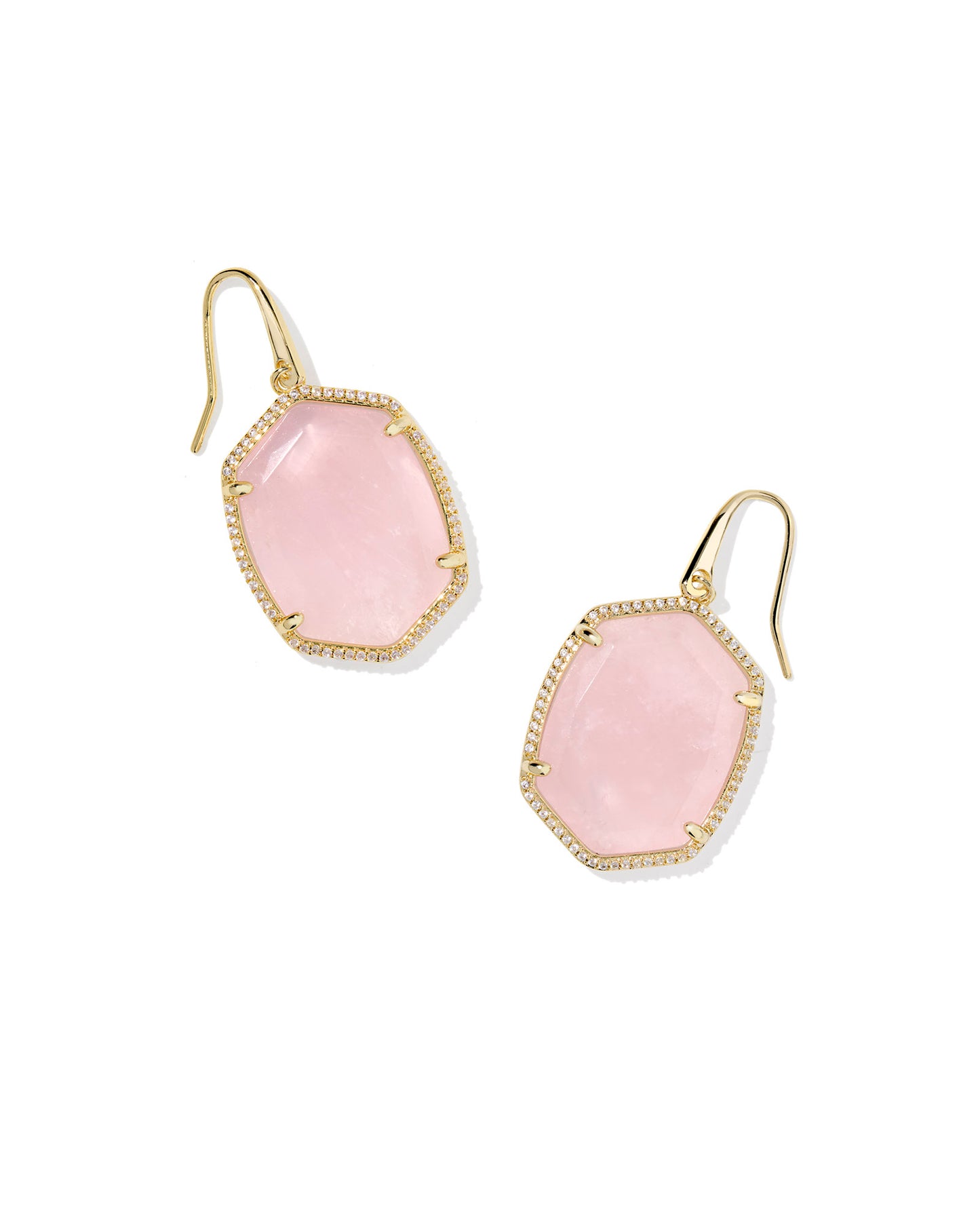Daphne Gold Pave Frame Drop Earrings in Rose Quartz