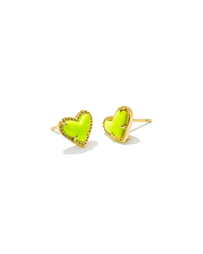 Ari Heart Gold Stud Earrings in Neon Yellow Magnesite