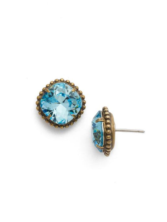 Aquamarine Cushion-Cut Solitaire Stud Earrings Antique Gold-tone finish