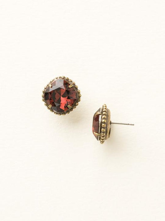 Burgundy Cushion-Cut Solitaire Stud Earrings Antique Gold