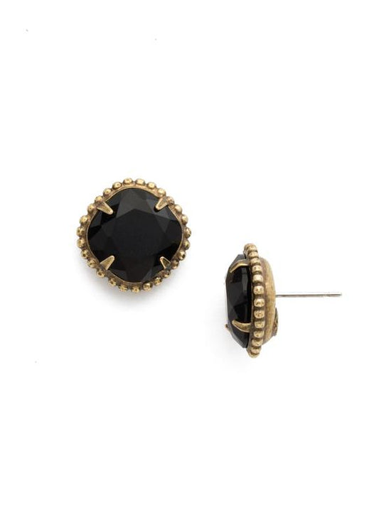 Jet Cushion-Cut Solitaire Stud Earrings Antique Gold-tone finish