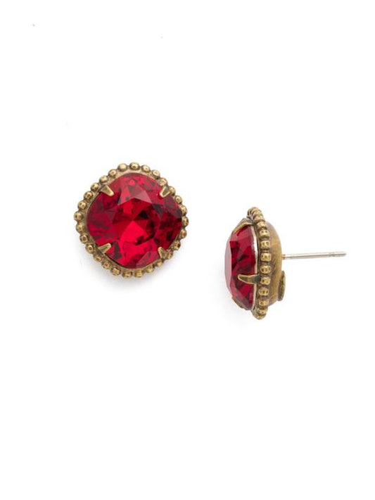 Siam Cushion-Cut Solitaire Stud Earrings Antique Gold-tone finish