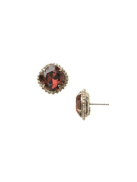 Burgundy Cushion-Cut Solitaire Stud Earrings Antique Silver