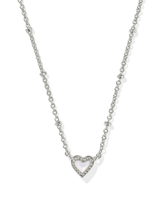 Mini Ari Heart Silver Satellite Short Pendant Necklace in Ivory Mother of Pearl