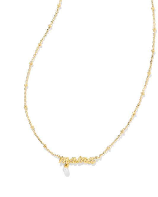 Mama Script Pendant Necklace in Gold White Pearl