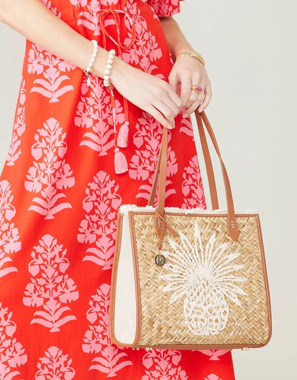 Straw Pineapple Box Tote Natural