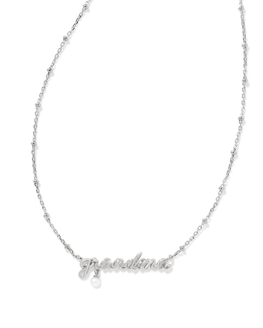 Grandma Script Pendant Necklace in Silver White Pearl