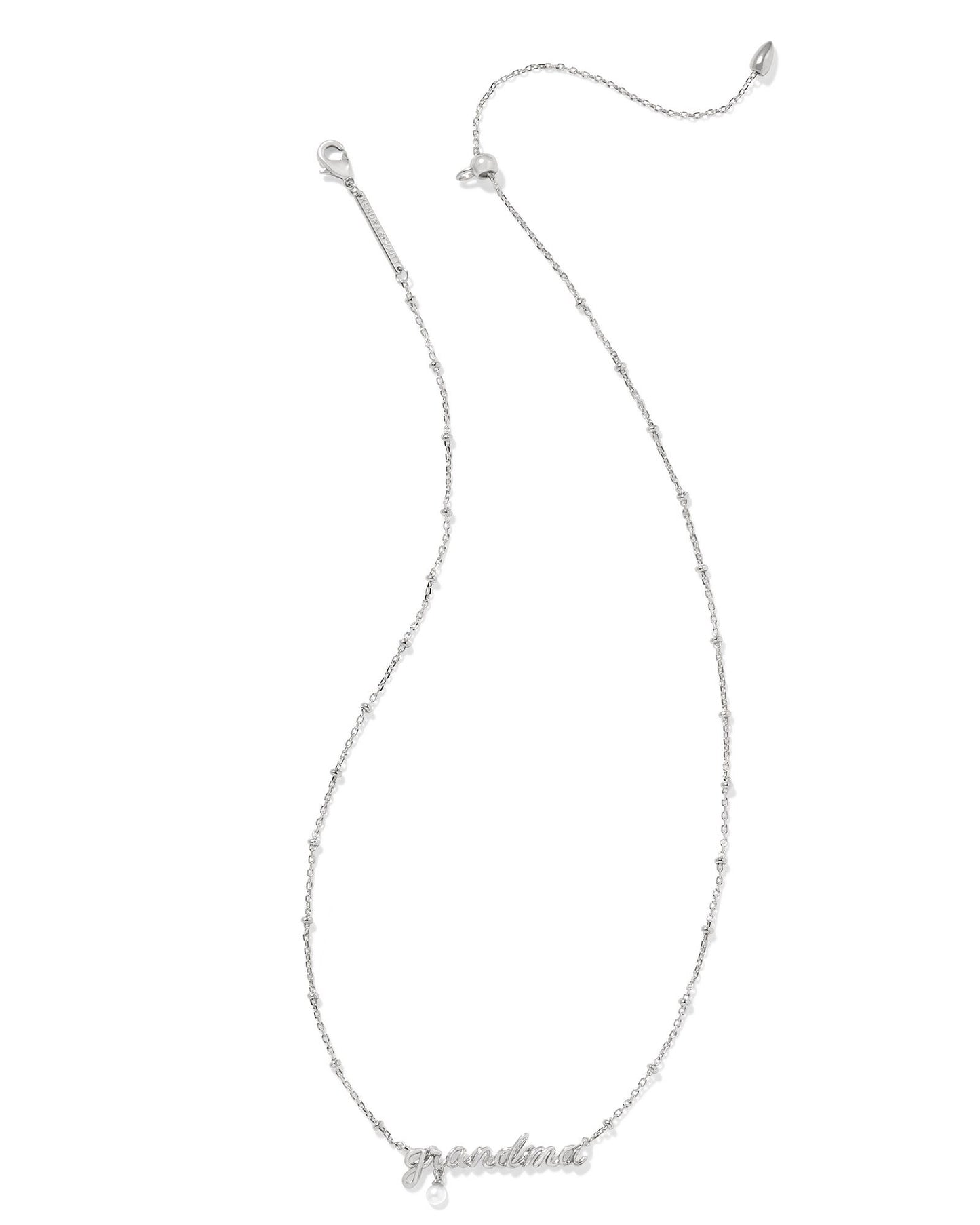 Grandma Script Pendant Necklace in Silver White Pearl