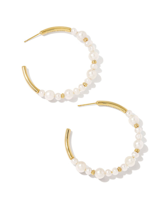 Jovie Gold Beaded Hoop Earrings in White Pearl