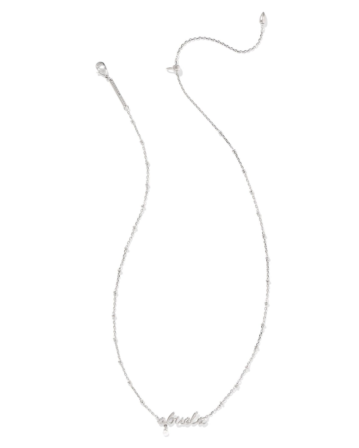 Abuela Script Pendant Necklace in Silver White Pearl