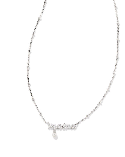 Mama Script Pendant Necklace in Silver White Pearl