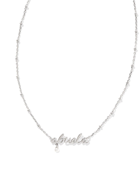 Abuela Script Pendant Necklace in Silver White Pearl