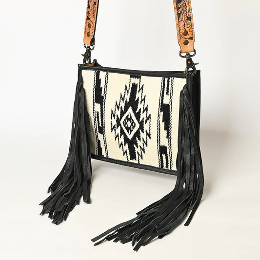 ADBG324B - Black and White Saddle Blanket Crossbody with Tooled Strap and Fringe