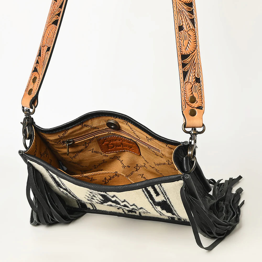 ADBG324B - Black and White Saddle Blanket Crossbody with Tooled Strap and Fringe