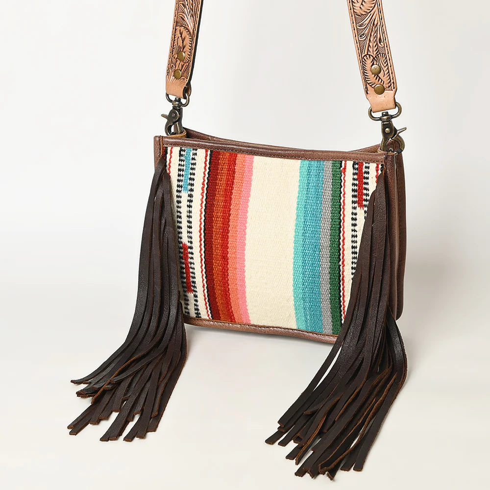 ADBG324C - Rainbow Saddle Blanket Crossbody with Tooled Strap and Fringe