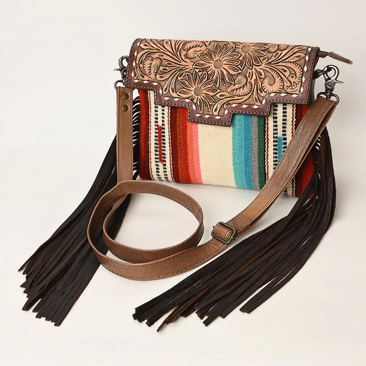 ADBG587B - Rainbow Saddle Blanket Tooled Crossbody with Fringe