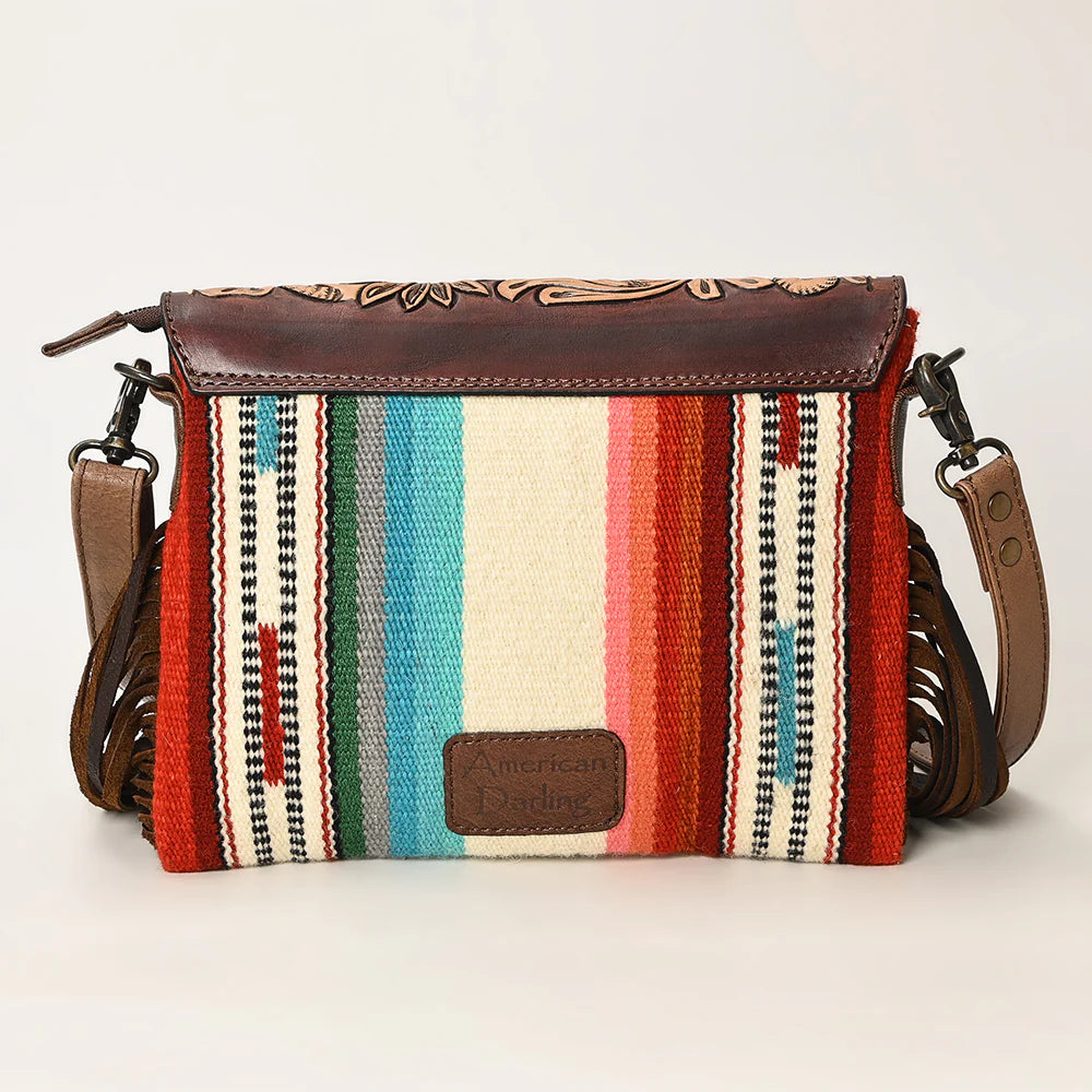 ADBG587B - Rainbow Saddle Blanket Tooled Crossbody with Fringe