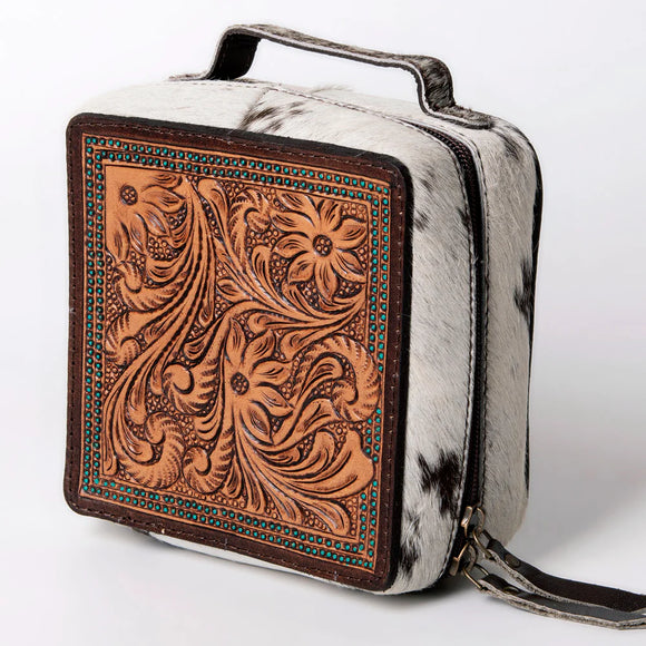 ADBGA311E - Hair on Hide Hand Tooled Small Travel Jewelry Case