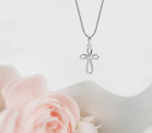 Children's Sterling Silver Infinity Cross Necklace with CZ Heart