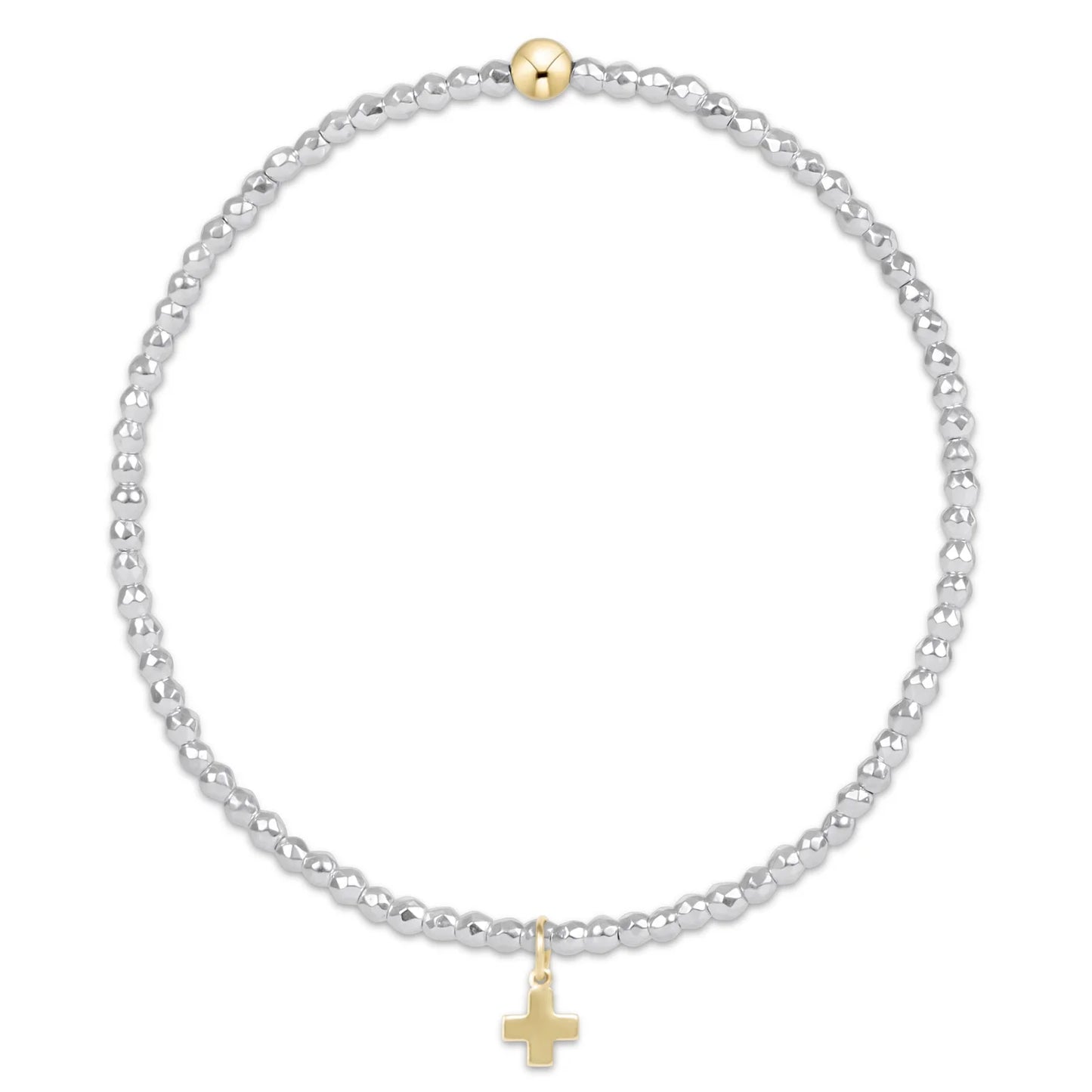 Bright Silver Faceted Hematite 2mm Bead Bracelet - Signature Cross Gold Charm