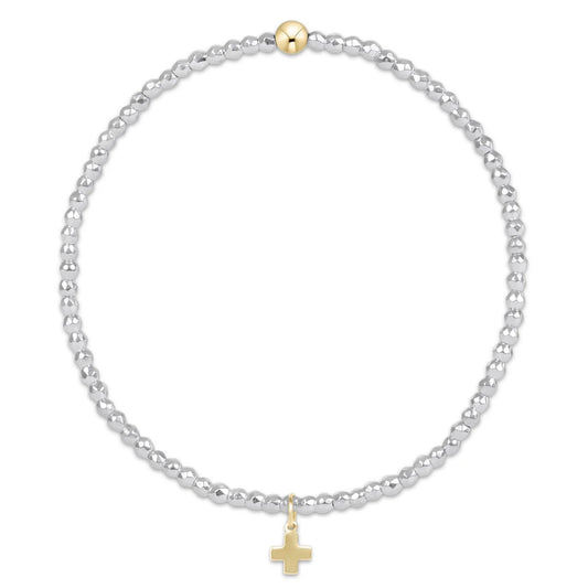 Bright Silver Faceted Hematite 2mm Bead Bracelet - Signature Cross Gold Charm