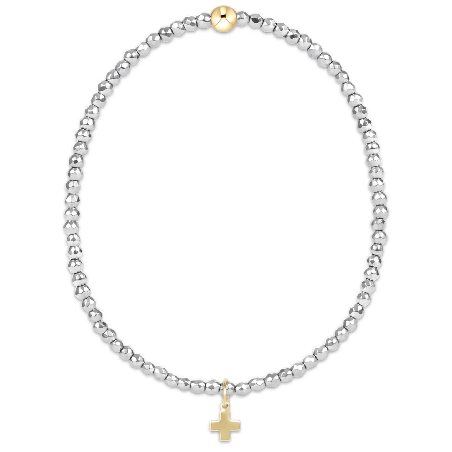 Silver Faceted Hematite 2mm Bead Bracelet - Signature Cross Gold Charm