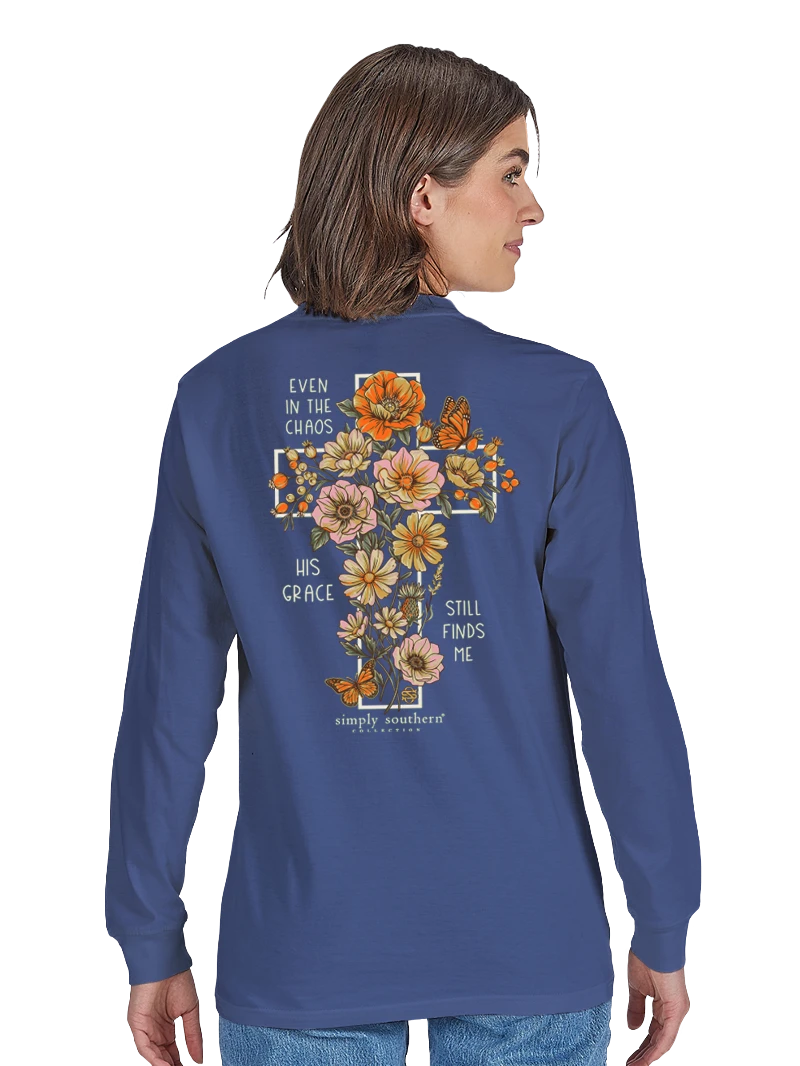 His Grace Still Finds Me Floral Cross long sleeve tee