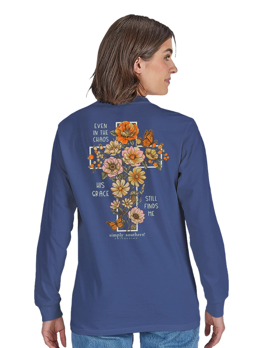 His Grace Still Finds Me Floral Cross long sleeve tee