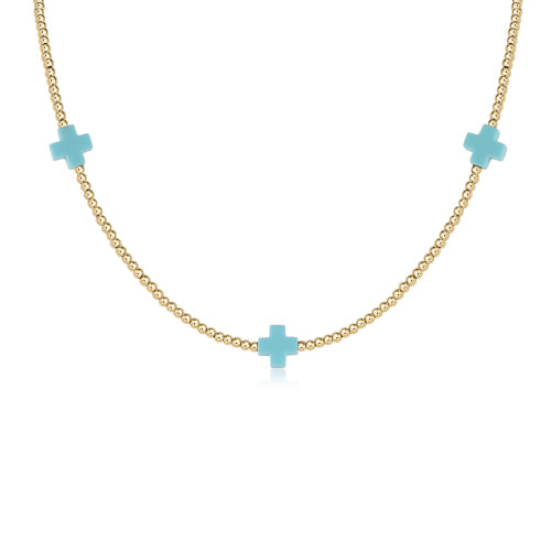 15" Choker Signature Cross Gold Pattern 2mm Bead - Turquoise