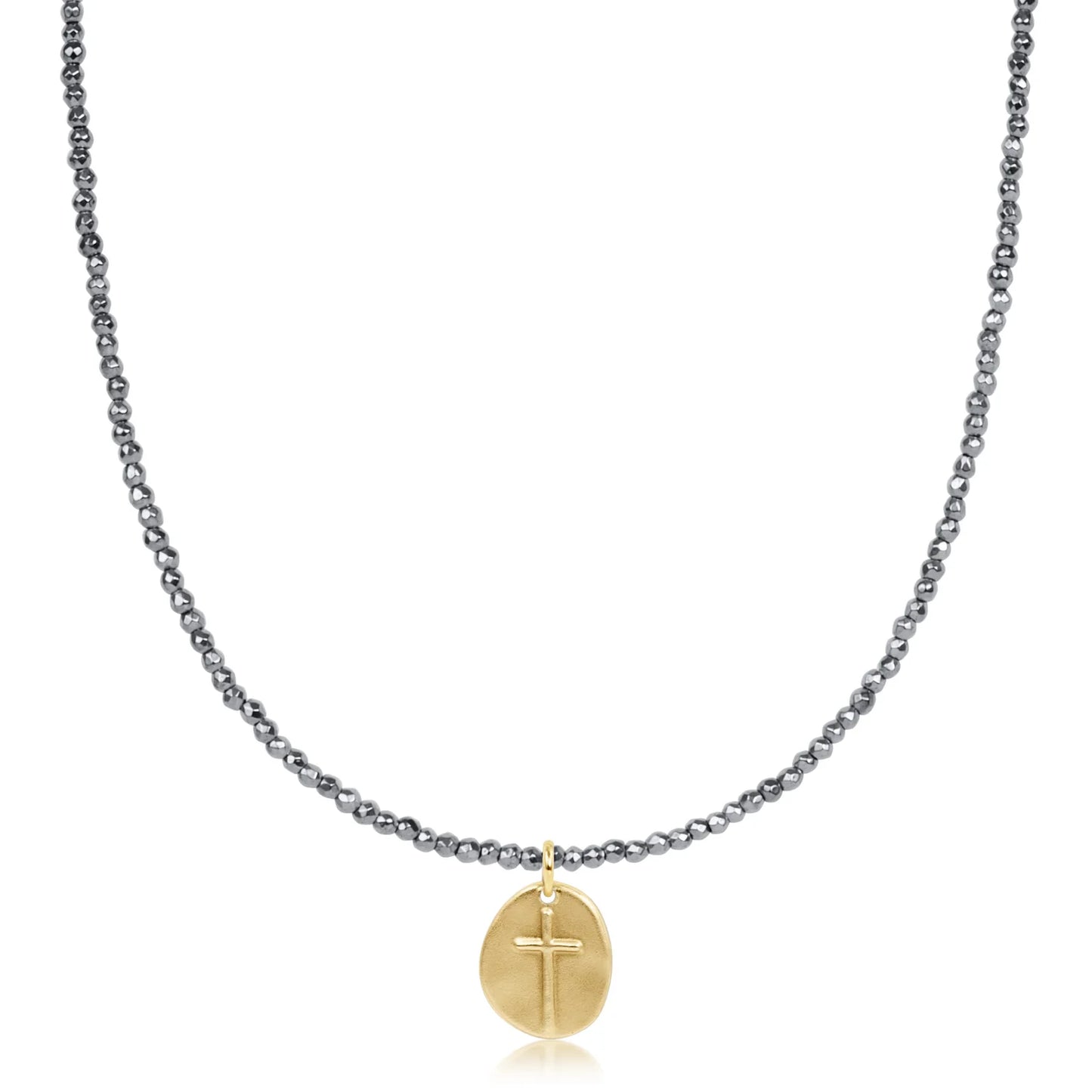 Choker Silver Faceted Hematite 2mm Bead - Inspire Small Gold Charm