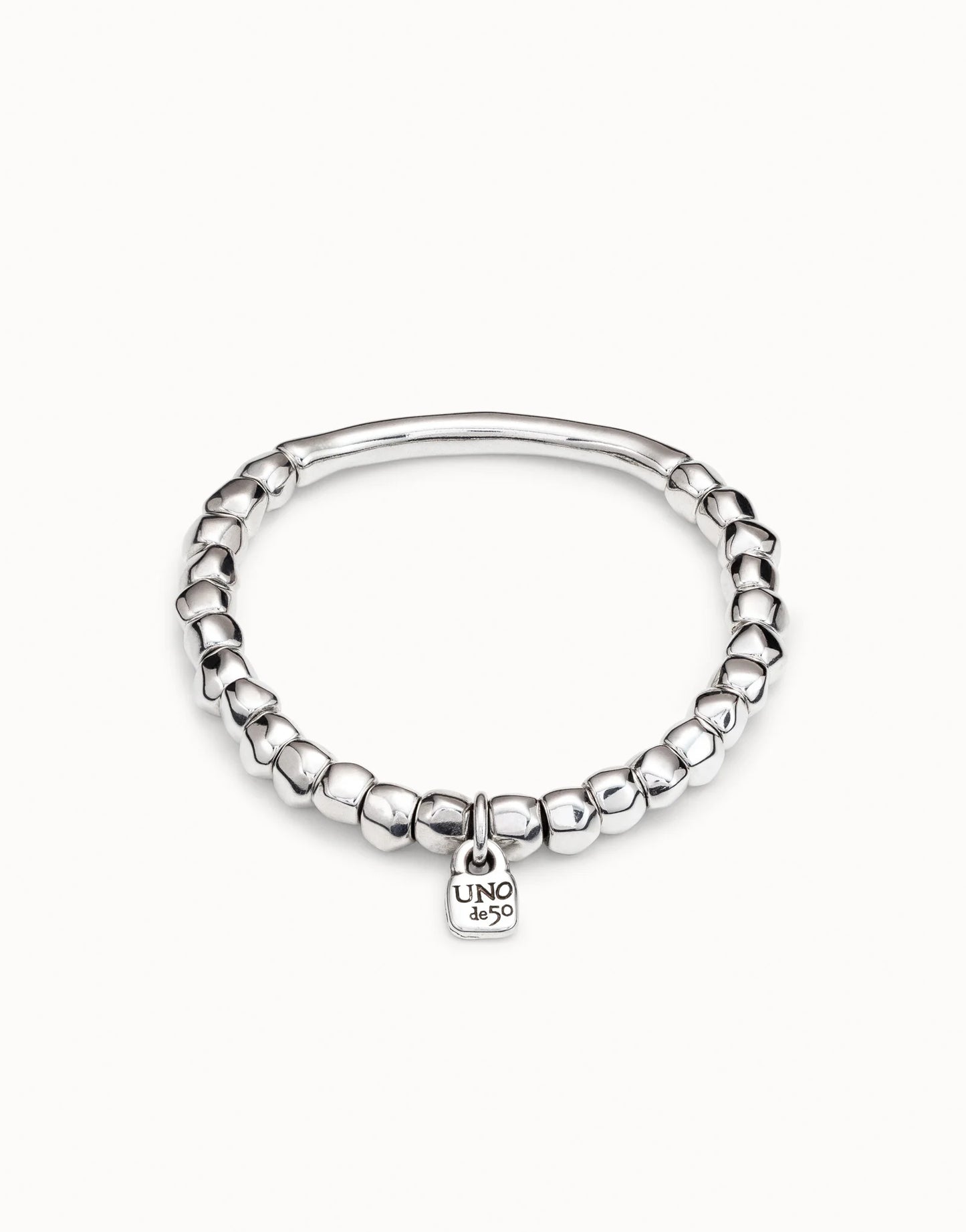 Beaded stretch bracelet with tubular piece - Silver