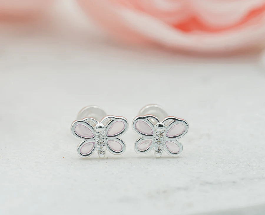 Children's Sterling Silver Pink Butterfly Earrings with CZs