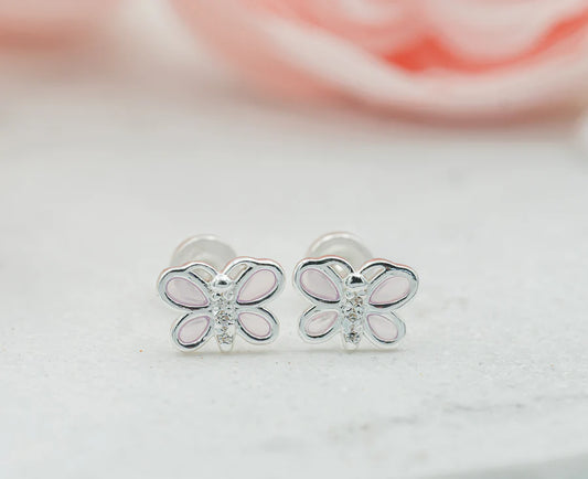 Children's Sterling Silver Pink Butterfly Earrings with CZs