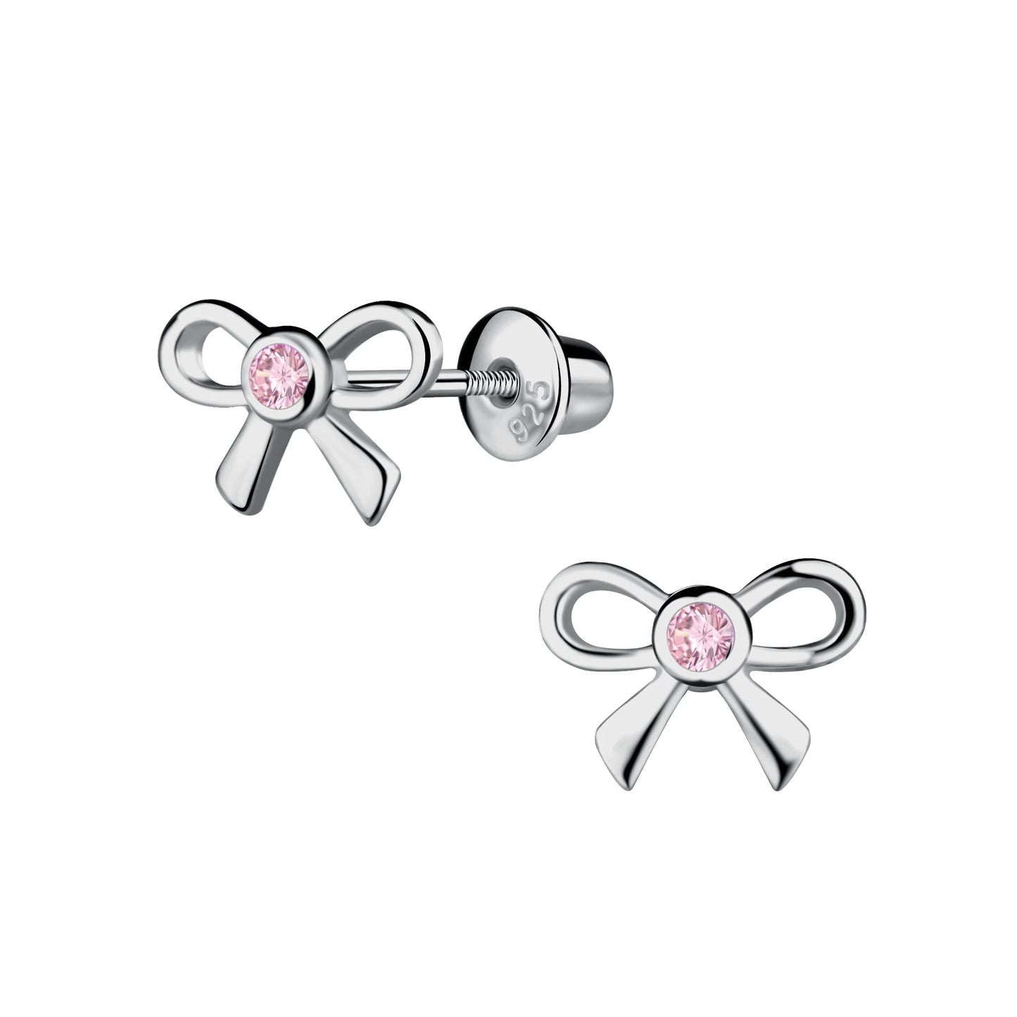 Children's Sterling Silver Bow Earrings with Pink CZs