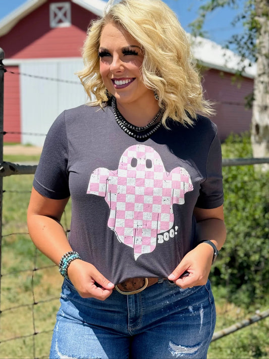 Hey Boo Checkered Ghost Tee