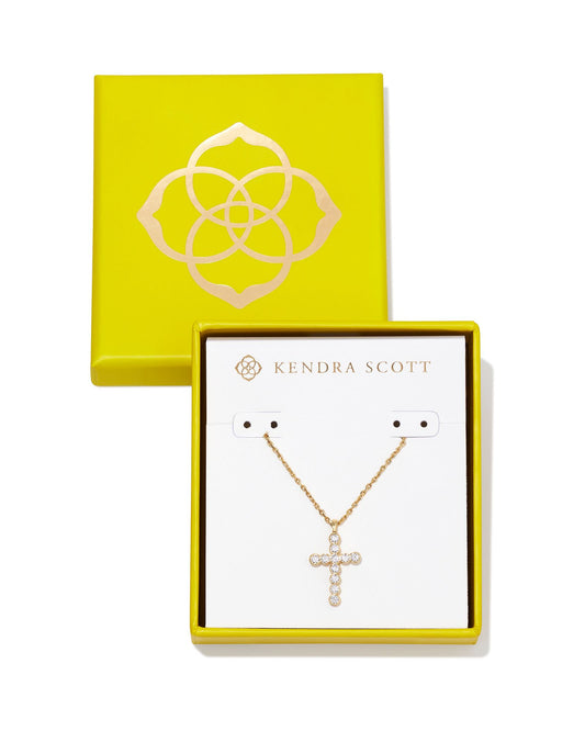 Boxed Cross Crystal Pendant Necklace in White Crystal